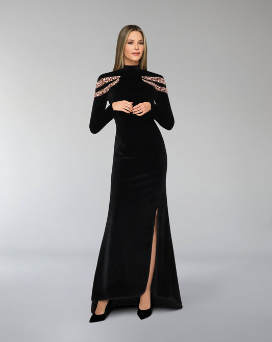 ODD-Long-sleeve velvet dress with beaded shoulders