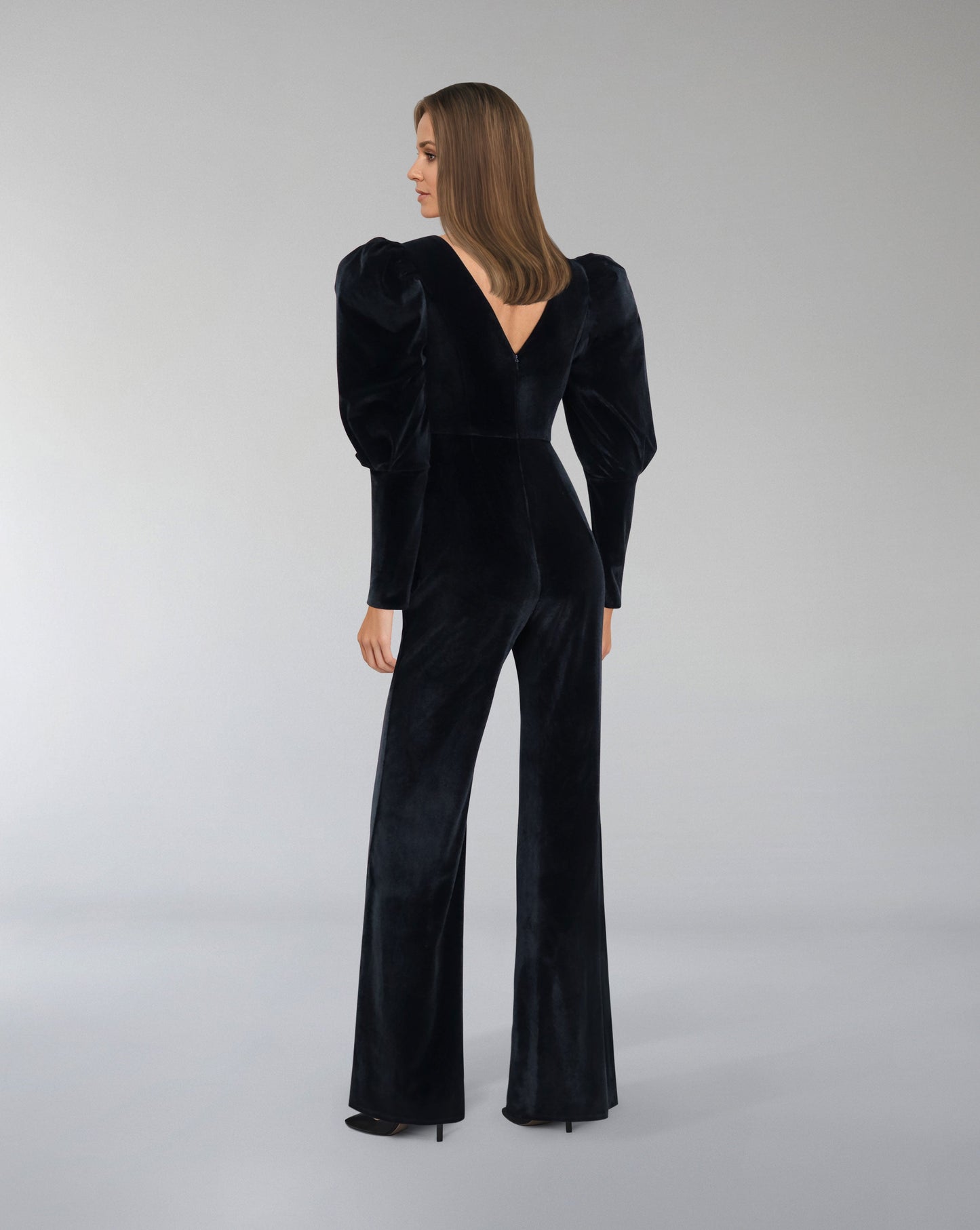 ODD-Beaded velvet Jumpsuit with V neckline