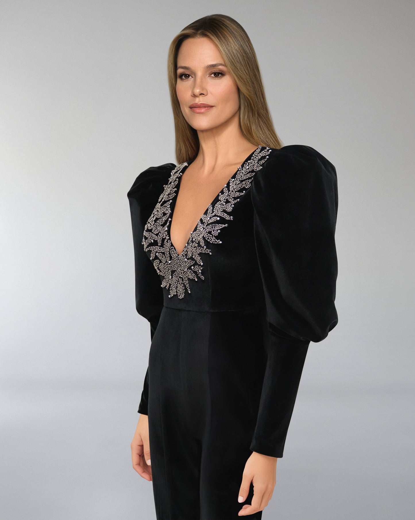 ODD-Beaded velvet Jumpsuit with V neckline