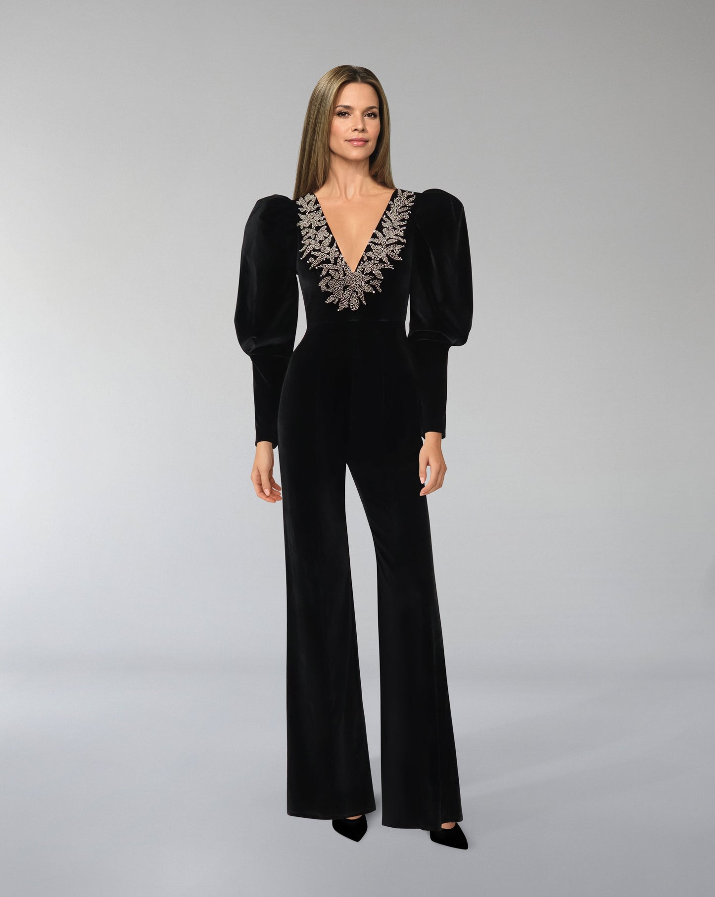 ODD-Beaded velvet Jumpsuit with V neckline