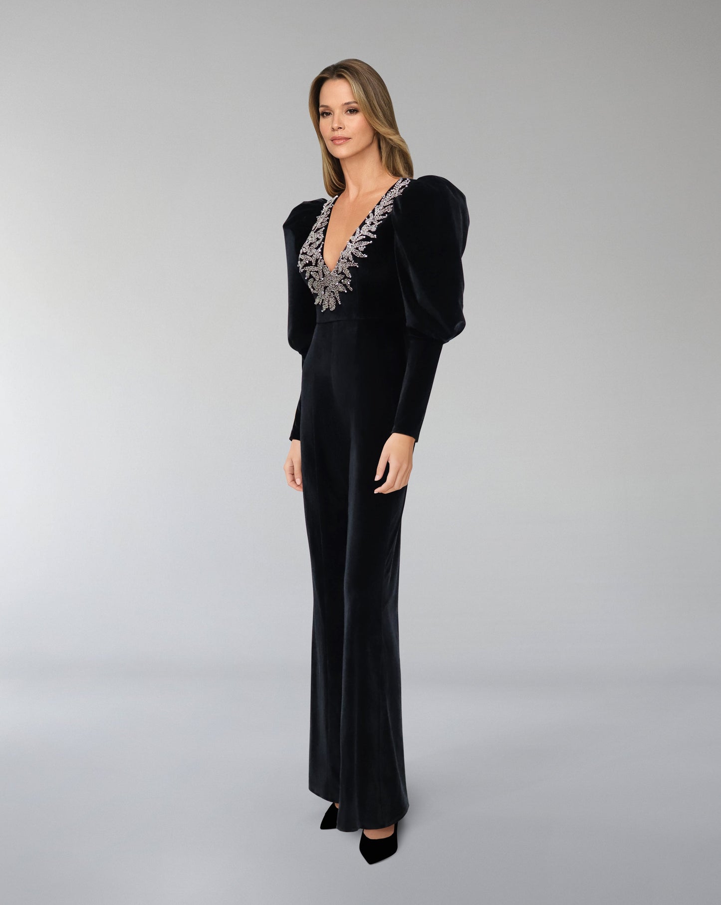 ODD-Beaded velvet Jumpsuit with V neckline