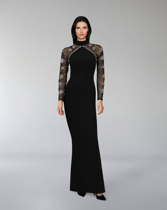 Halter Neckline dress with beaded see-through sleeves-ODD-Suled