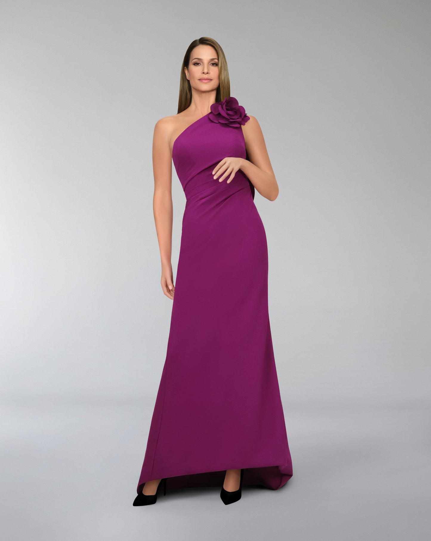 ODD-Shoulder off draped dress with 3D flower