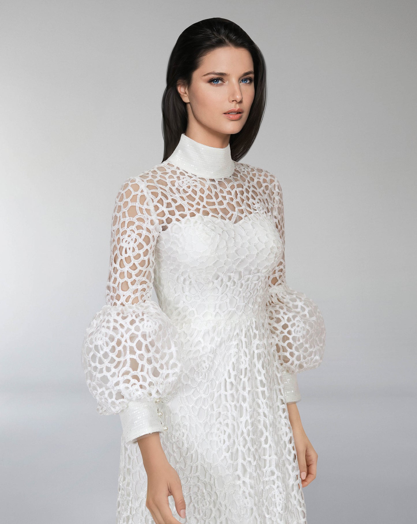 laced column dress with puffed sleeve-ODD-Sumoud