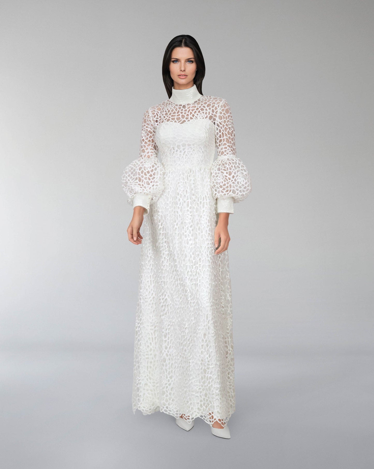 laced column dress with puffed sleeve-ODD-Sumoud