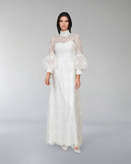 laced column dress with puffed sleeve-ODD-Sumoud