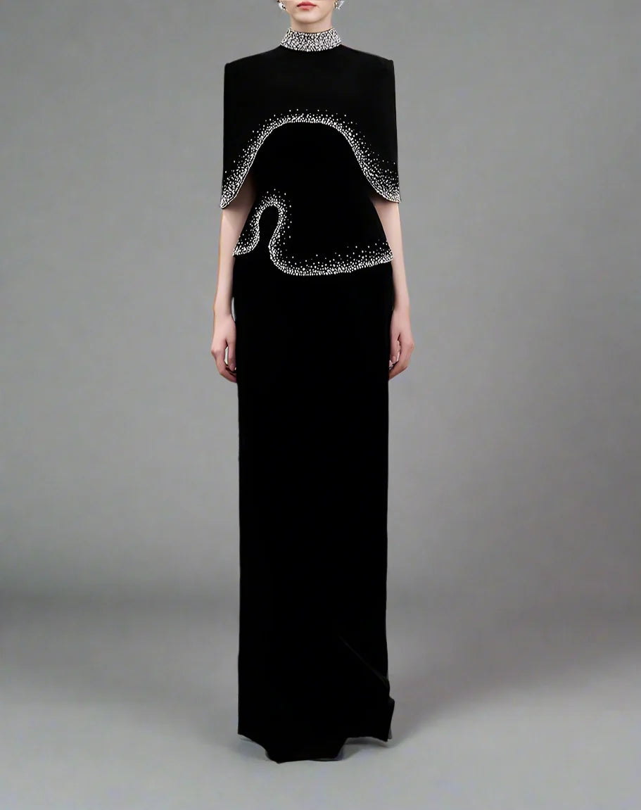 High-Neck Column Dress with Embellished Cape Detail - ODD- ELYSIA