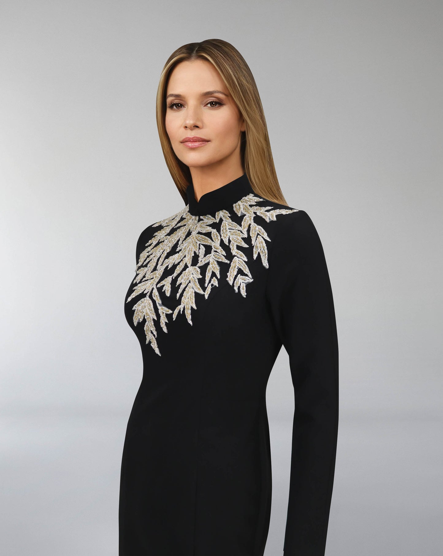 ODD-Long sleeve column dress with beaded leaves