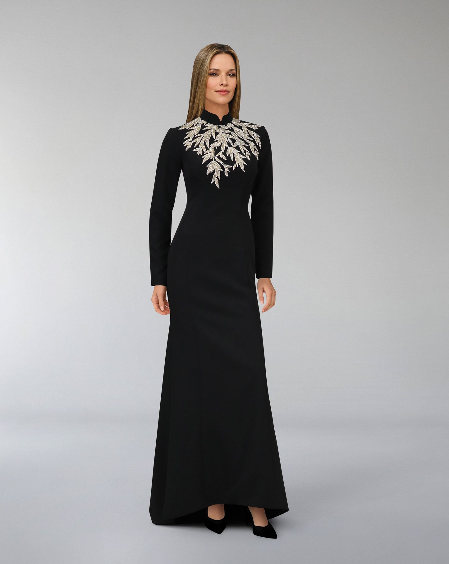 ODD-Long sleeve column dress with beaded leaves