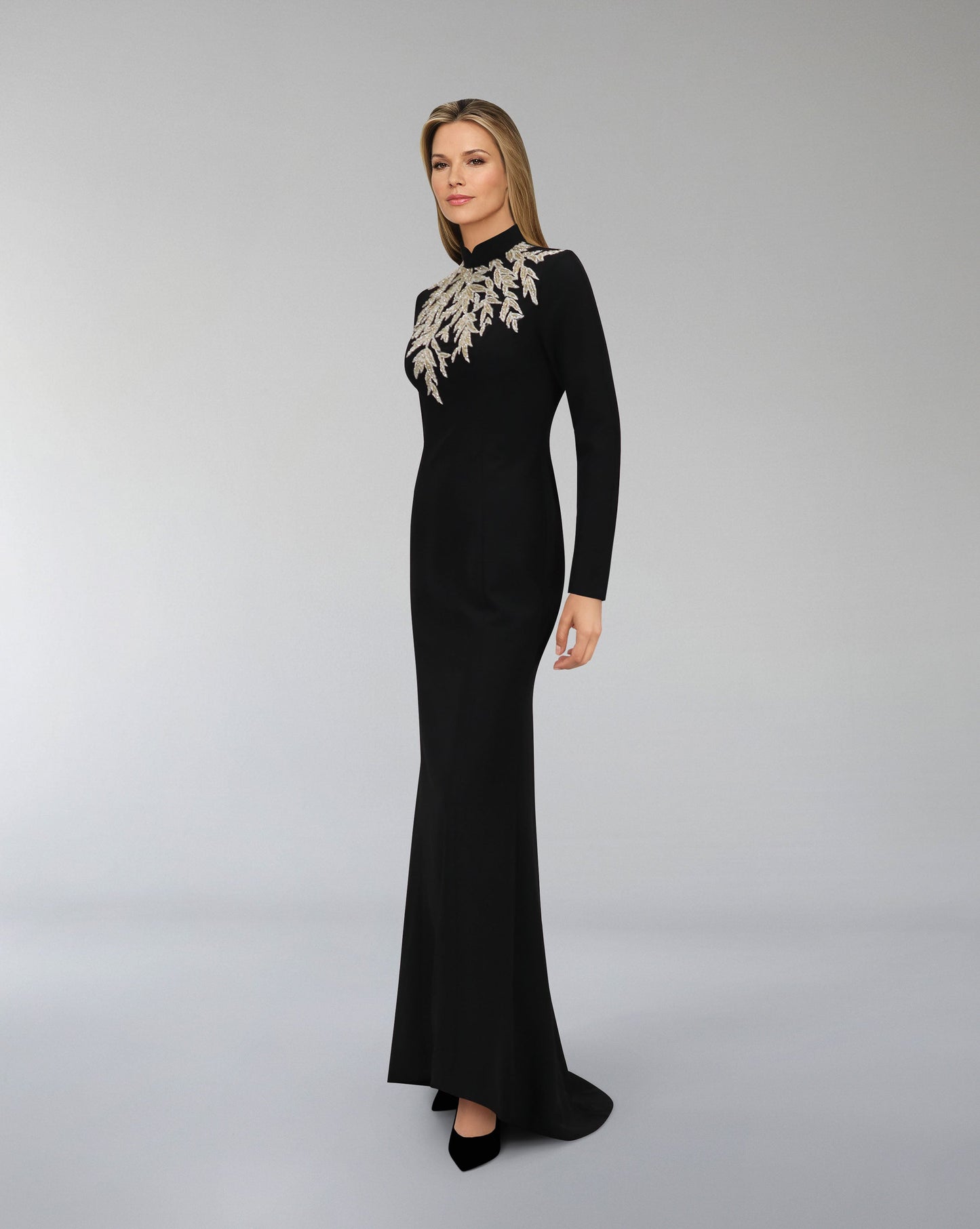 ODD-Long sleeve column dress with beaded leaves