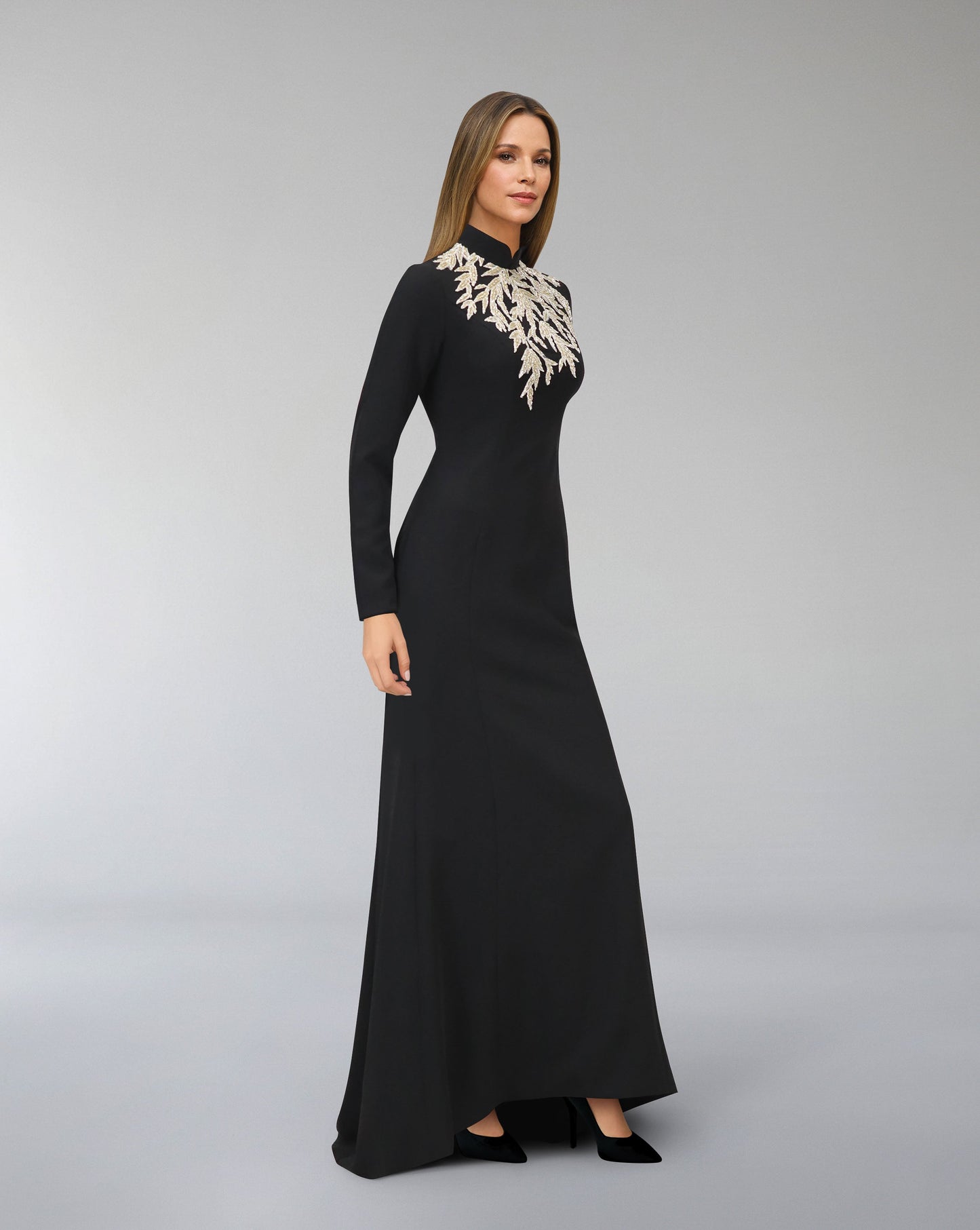 ODD-Long sleeve column dress with beaded leaves