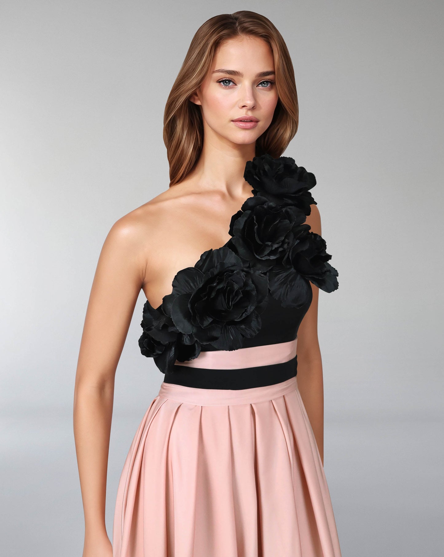 Shoulder off bicolour dress with 3D flowers - ODD-MALLEN