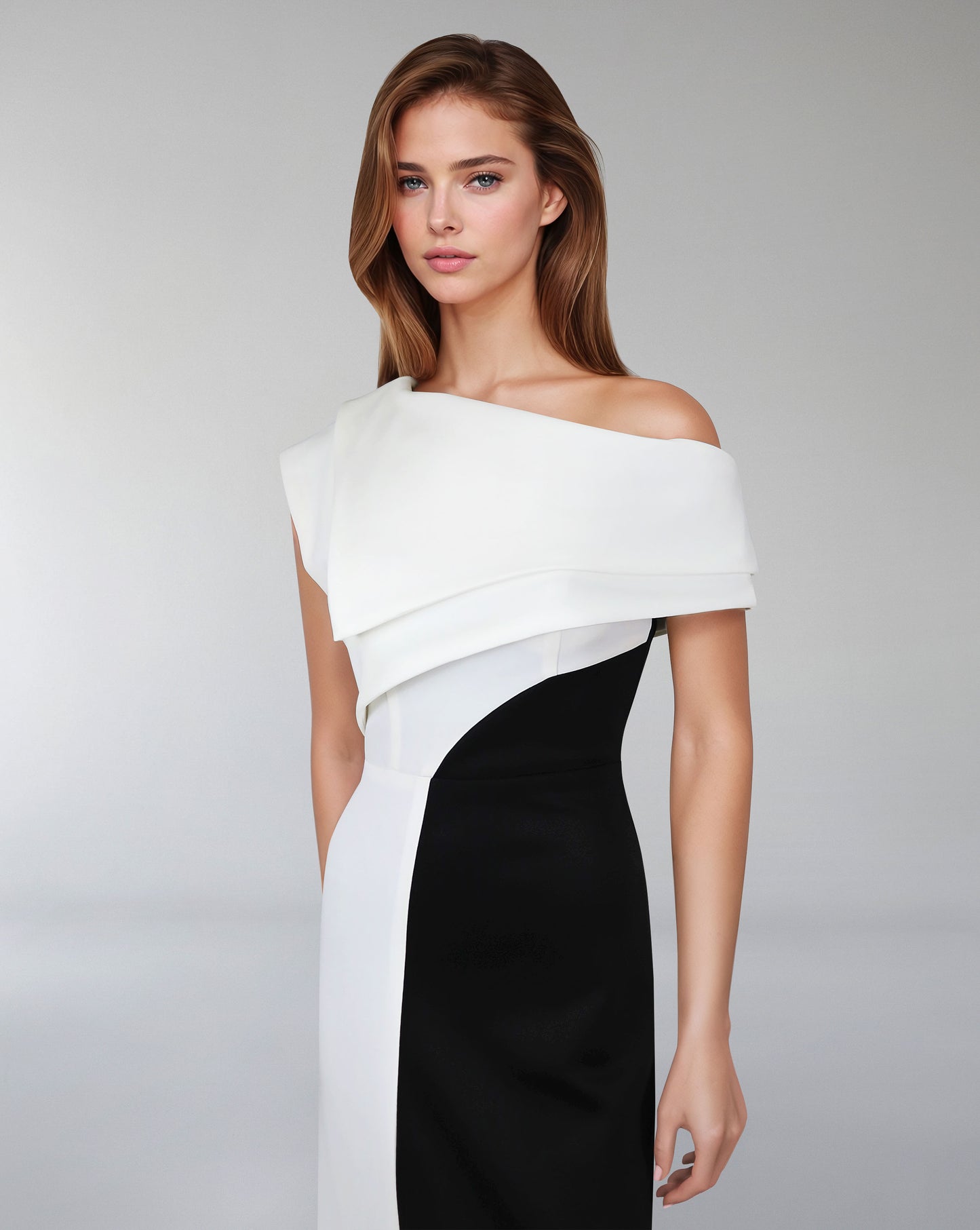 Shoulder off bicolour dress with geometrical shapes - ODD-AILLE
