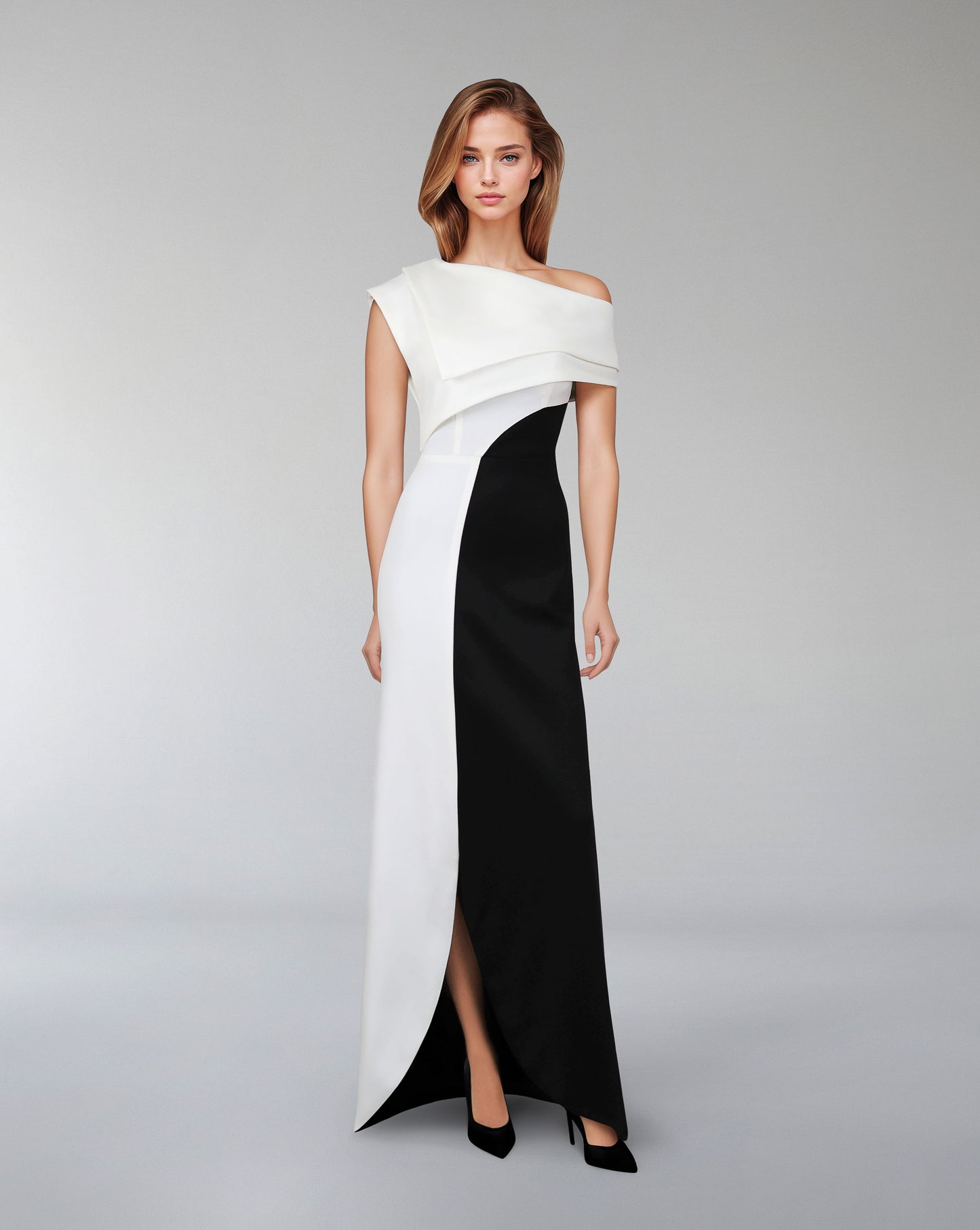 Shoulder off bicolour dress with geometrical shapes - ODD-AILLE