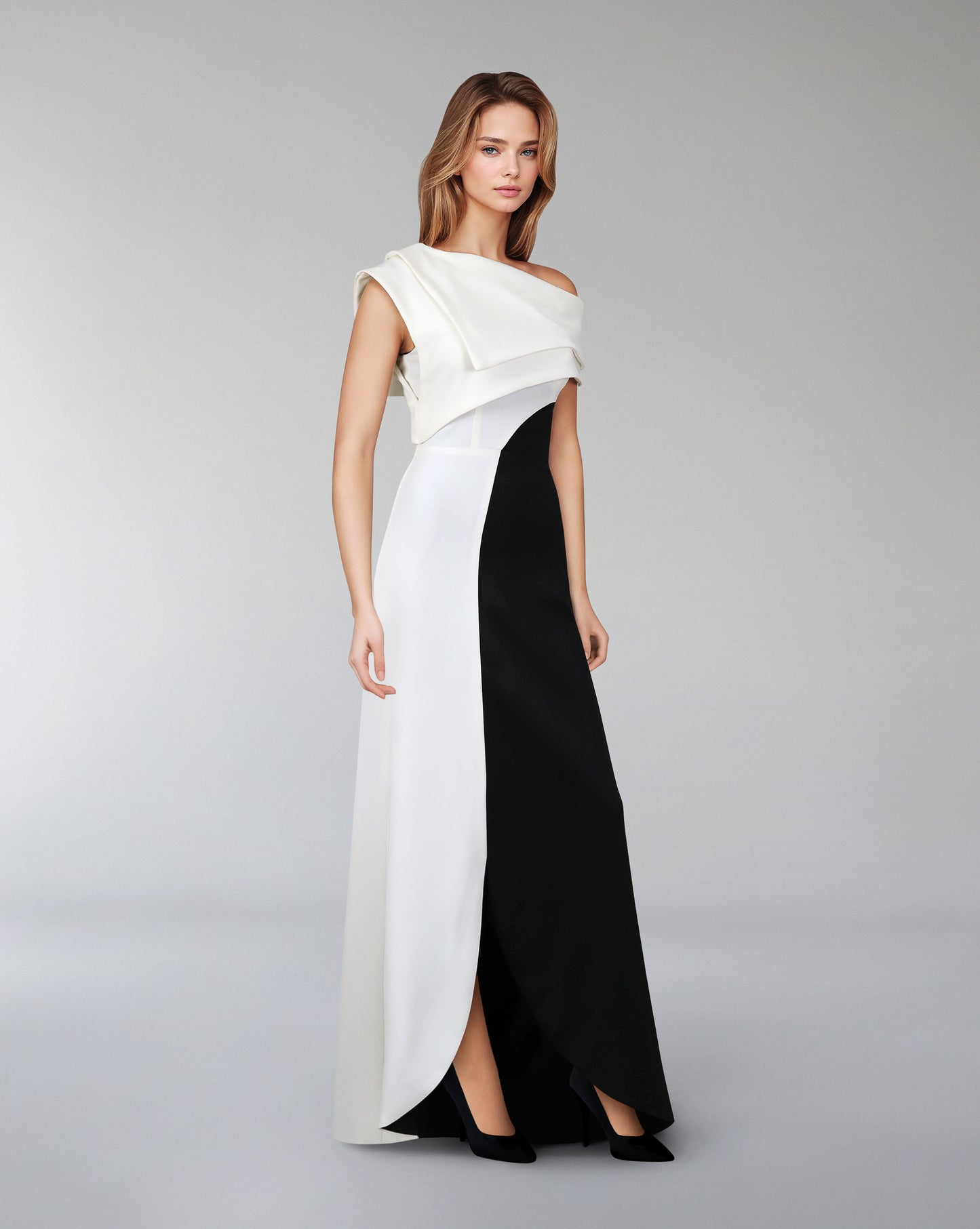 Shoulder off bicolour dress with geometrical shapes - ODD-AILLE