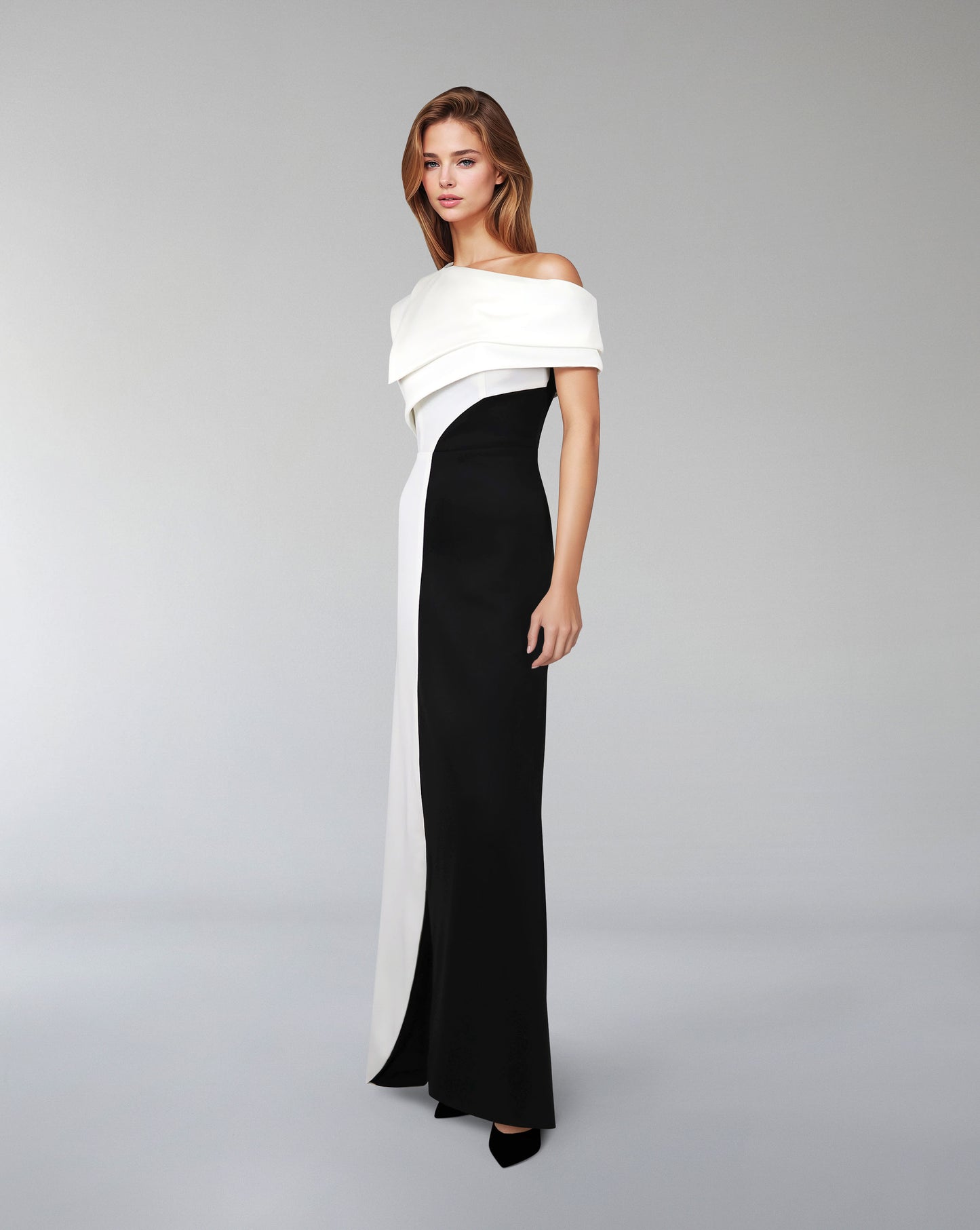 Shoulder off bicolour dress with geometrical shapes - ODD-AILLE