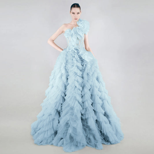 one-shoulder ruffled tulle ball gown – ODD- Zarlish