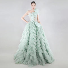 one-shoulder ruffled tulle ball gown – ODD- Zarlish