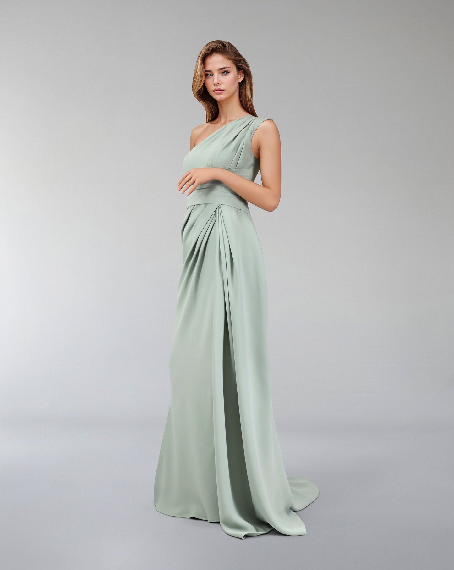 Green mint draped dress with shoulder off-ODD-Zumorrod