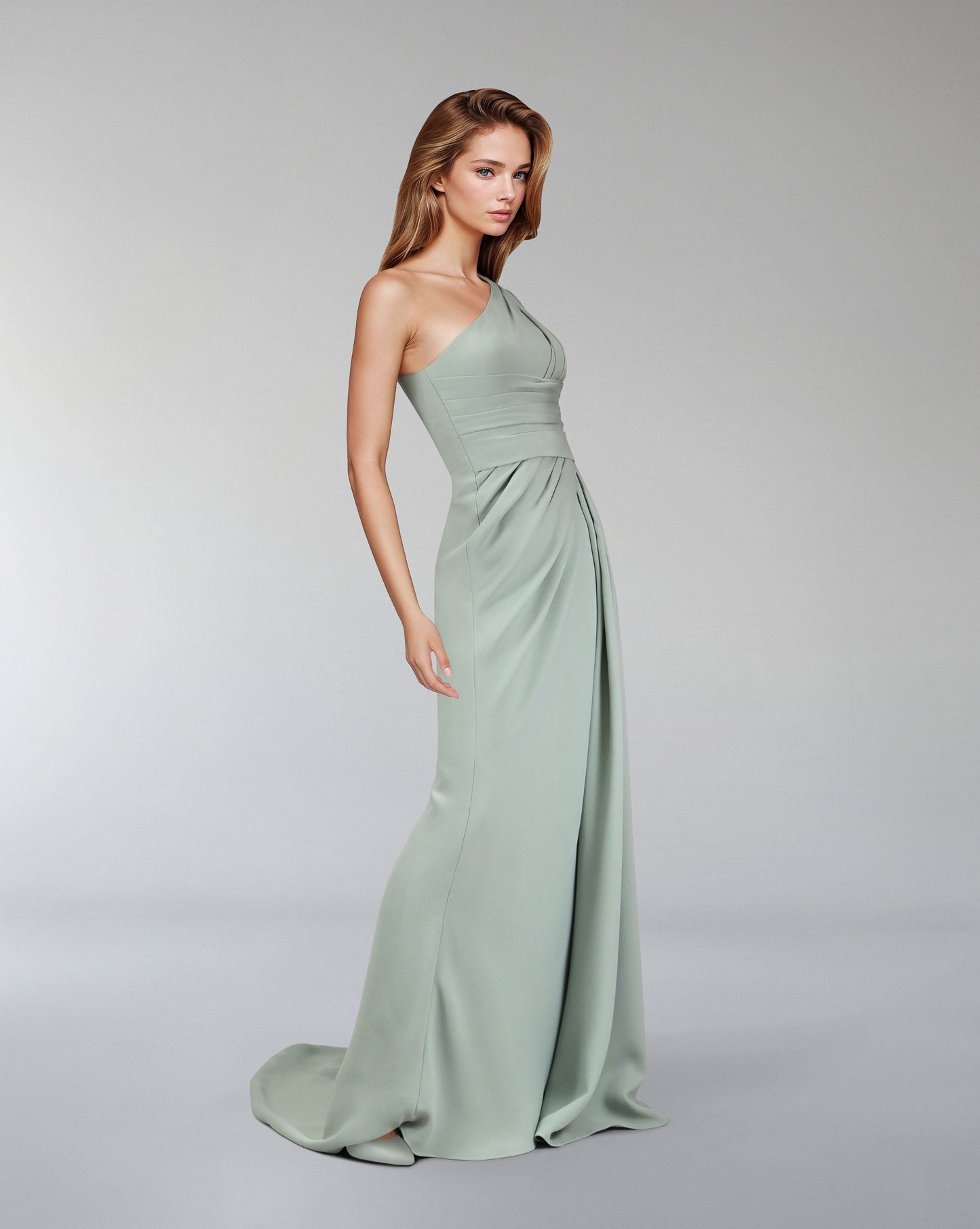 Green mint draped dress with shoulder off-ODD-Zumorrod