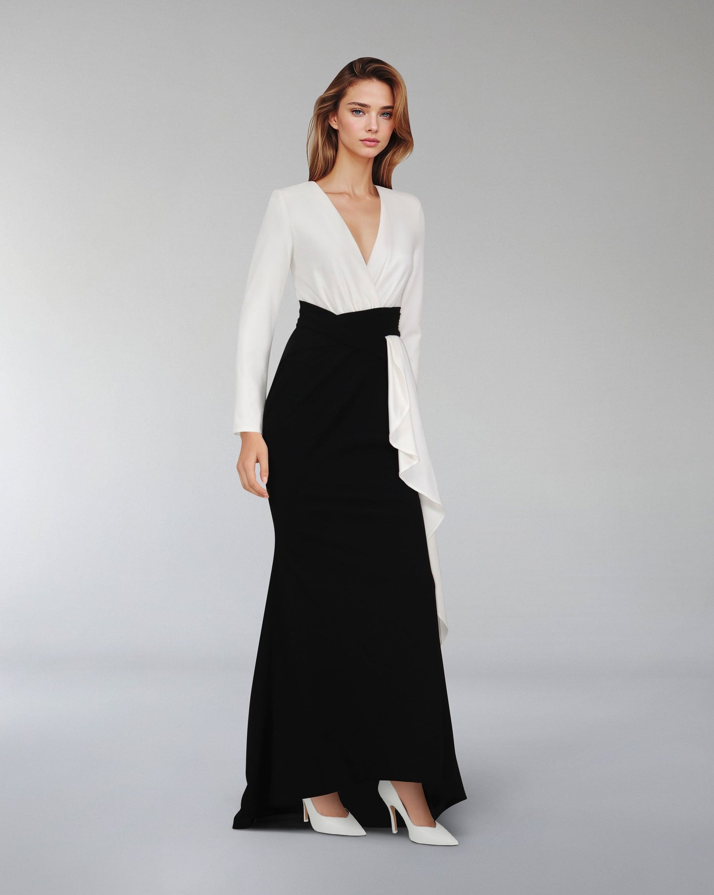 Draped V-neckline dress with ruffle-ODD-Juliah