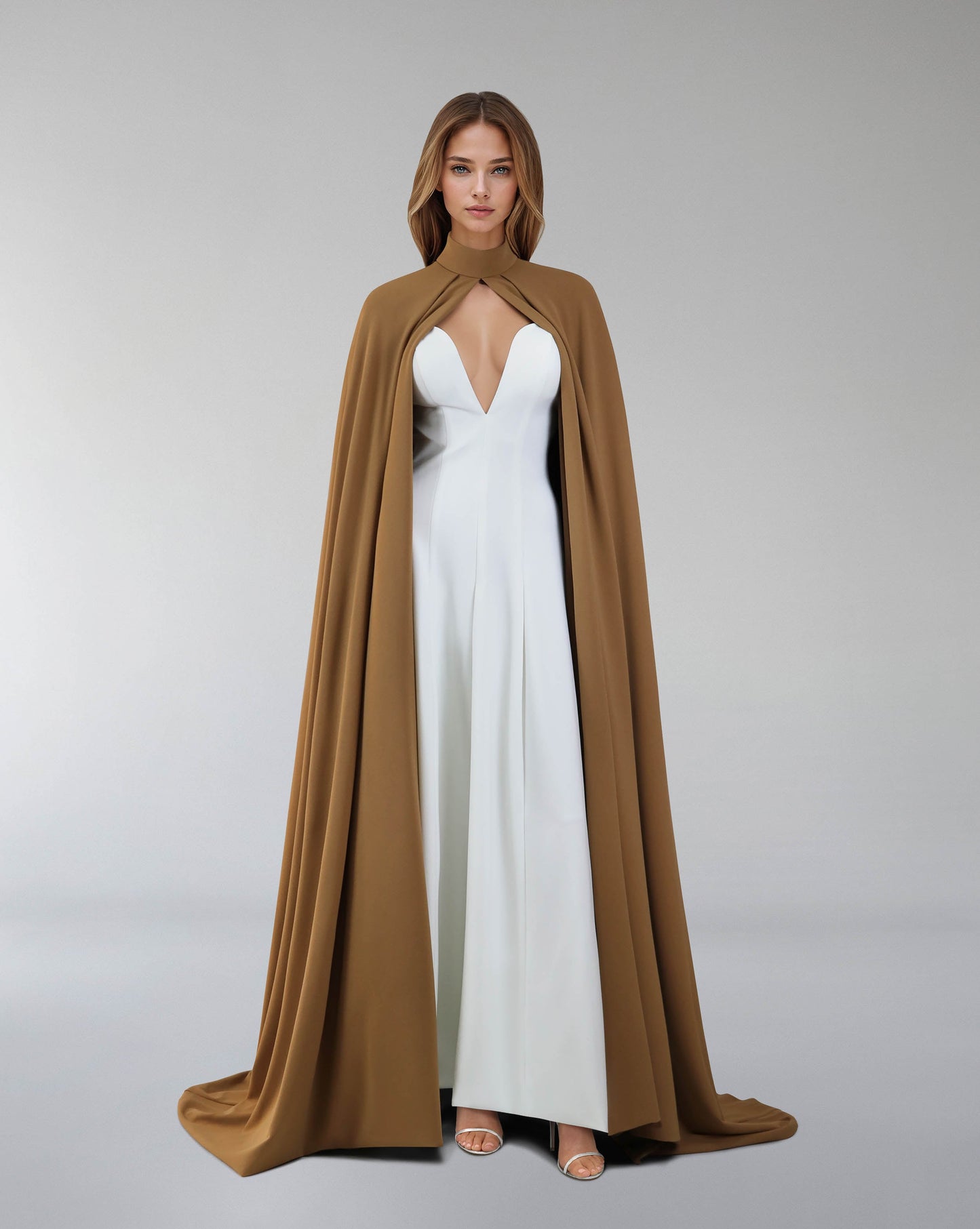 Hearted neckline dress with maxi cape-ODD-Sulaaf