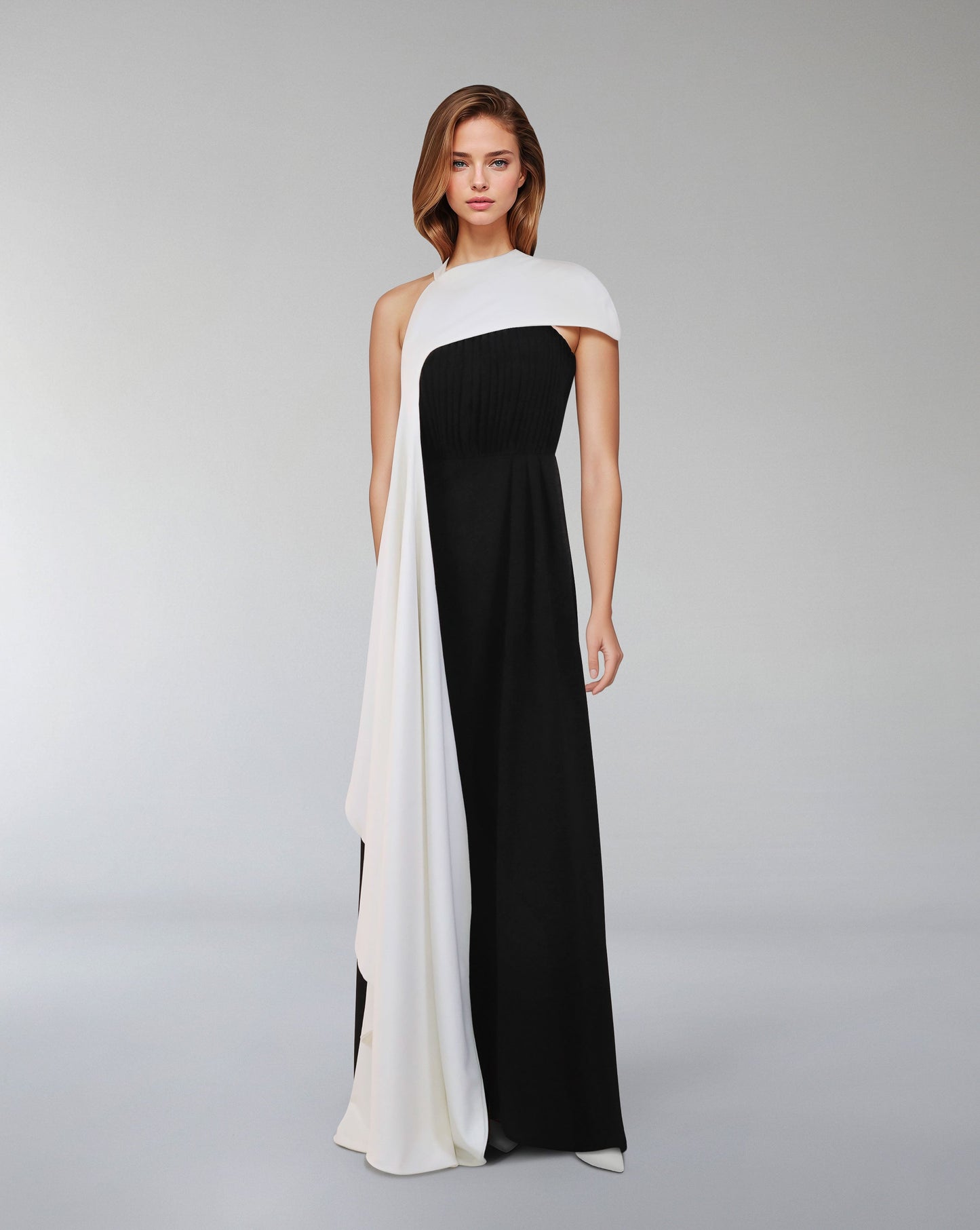 Pleated column dress with asymmetrical cape - ODD-VOREN
