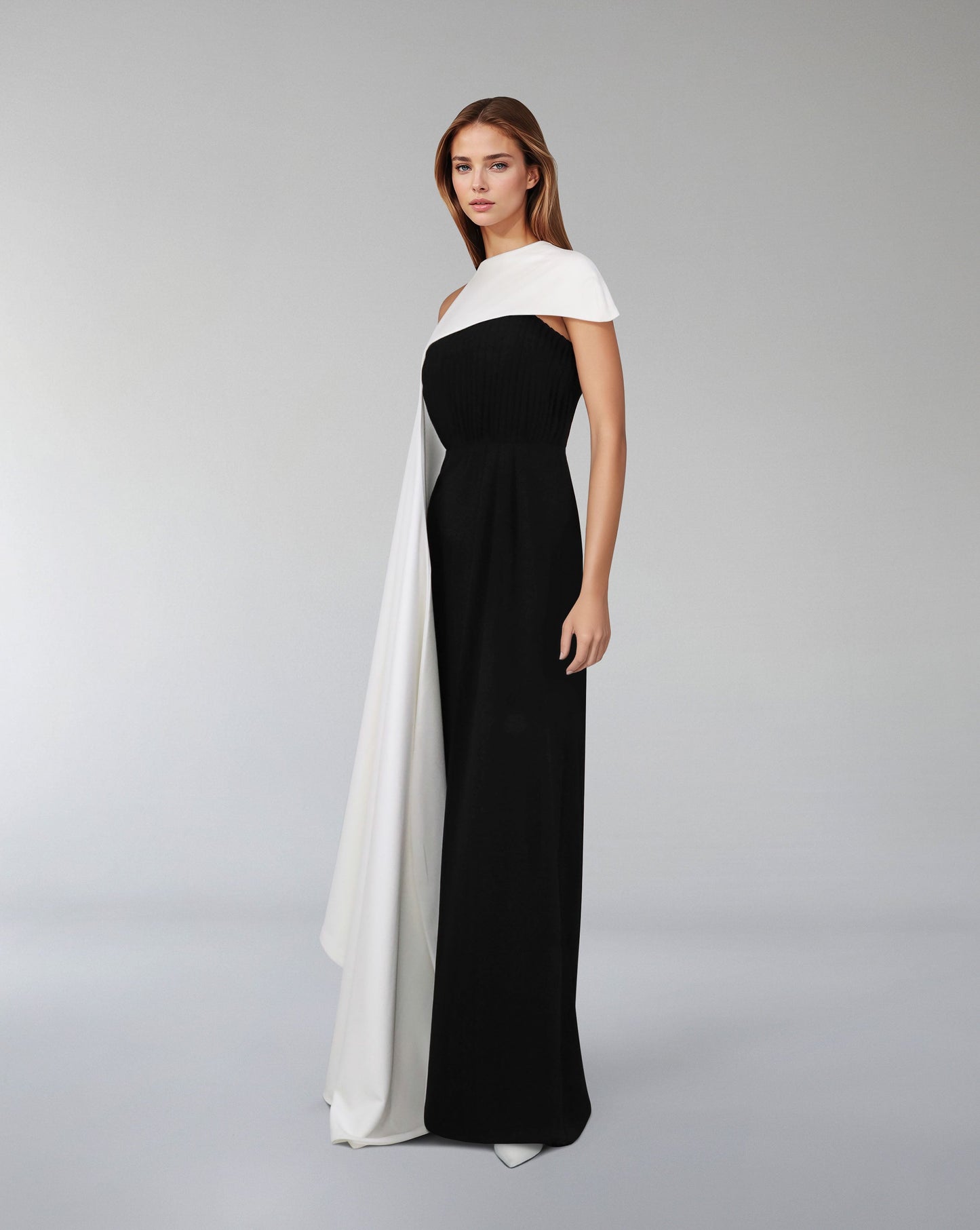 Pleated column dress with asymmetrical cape - ODD-VOREN