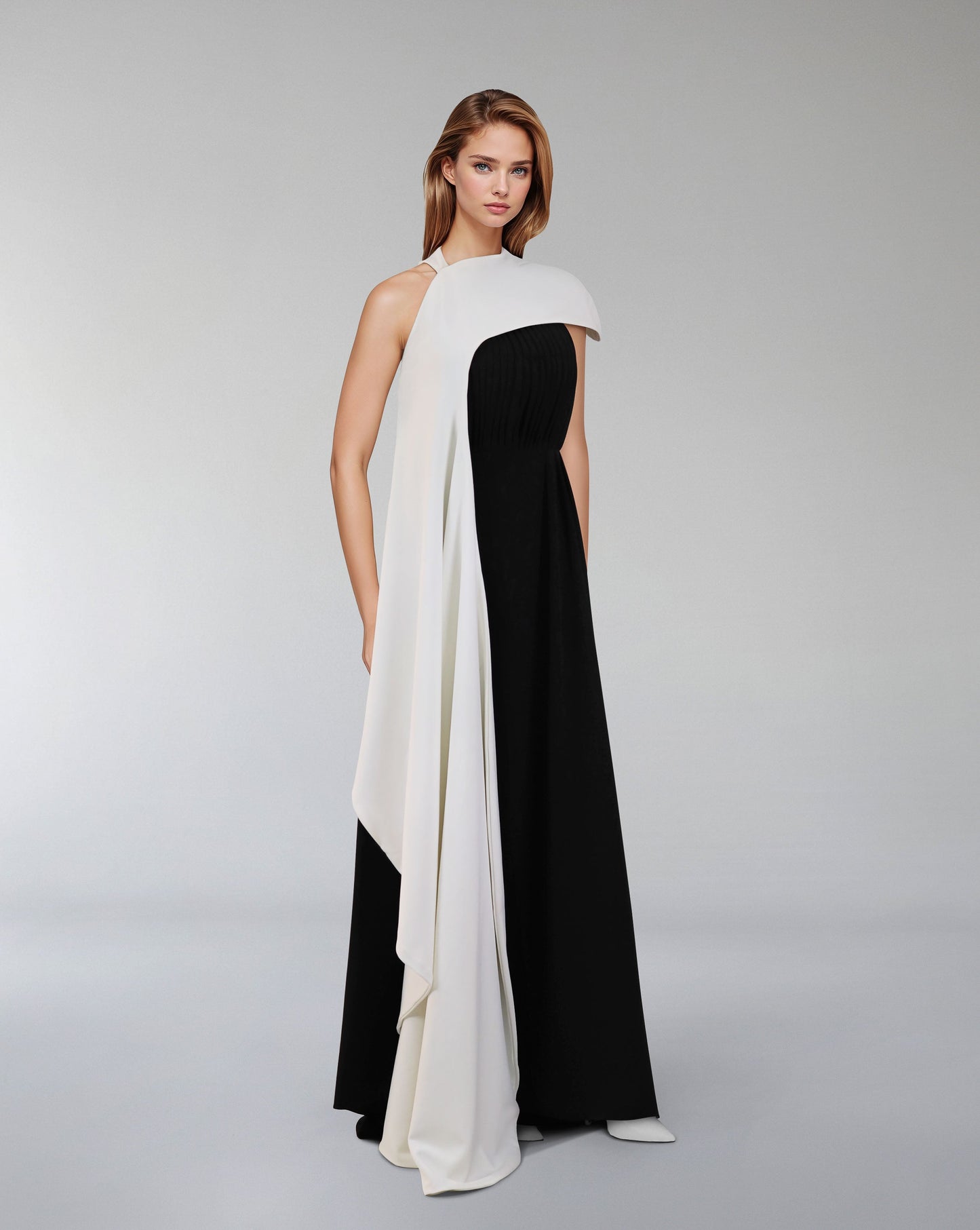 Pleated column dress with asymmetrical cape - ODD-VOREN