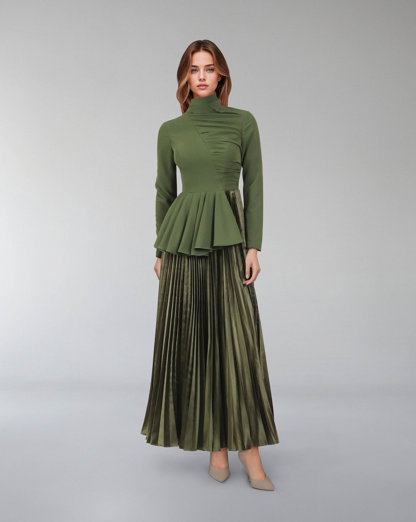 Asymmetrical pleated dress with waistband ruffle-ODD-Tetty