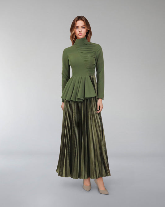 Asymmetrical pleated dress with waistband ruffle-ODD-Tetty