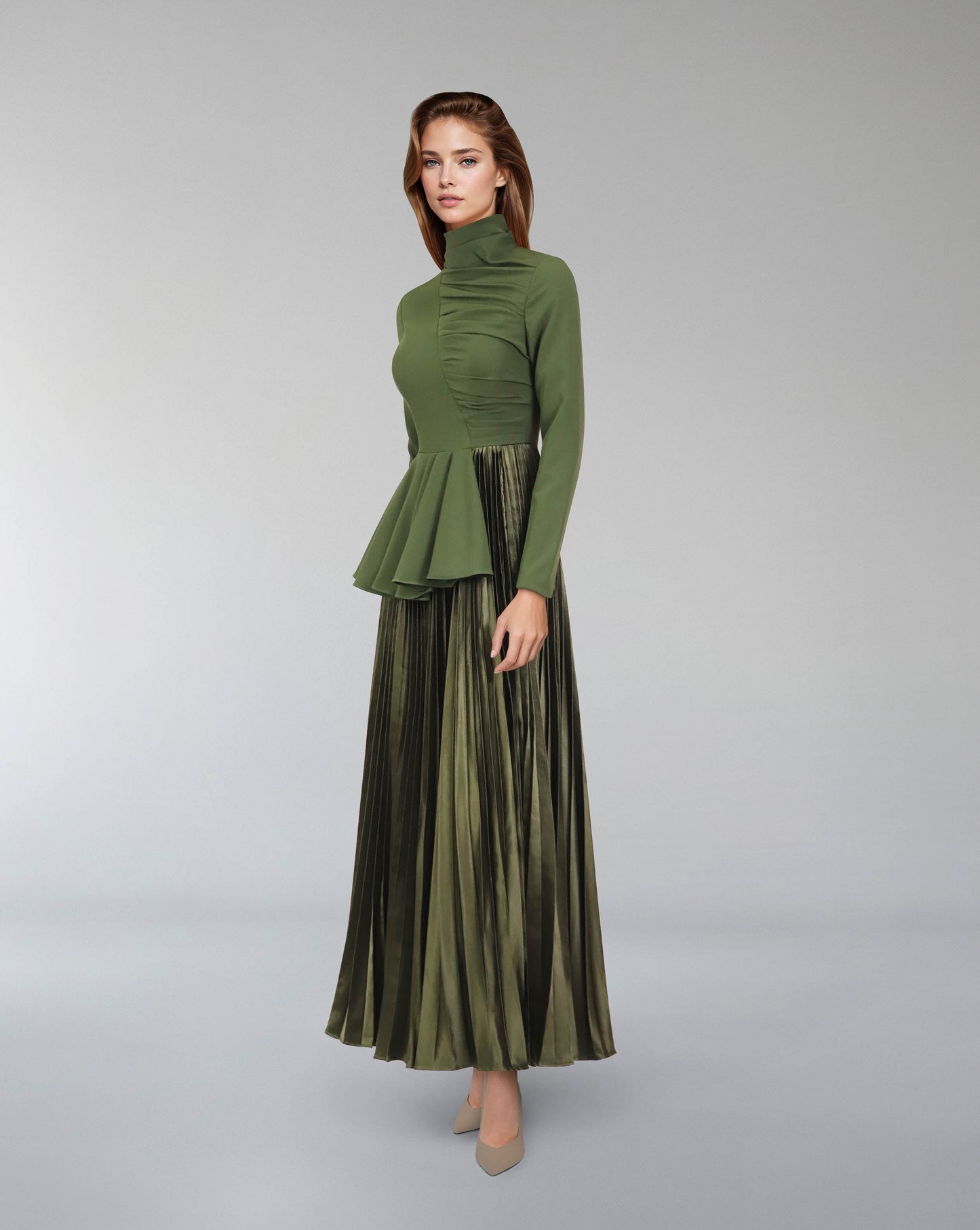 Asymmetrical pleated dress with waistband ruffle-ODD-Tetty