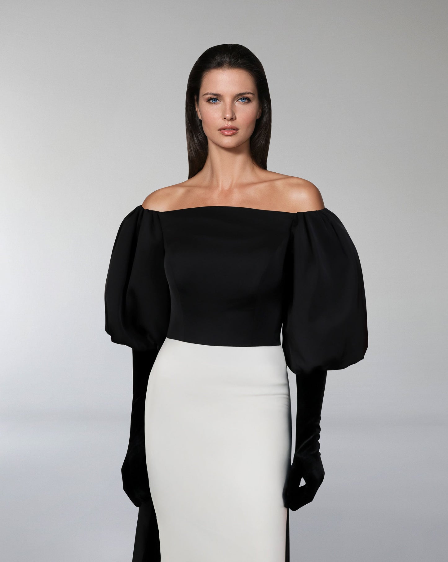 ODD-Shoulders off bicolour dress with puffed sleeves and gloves