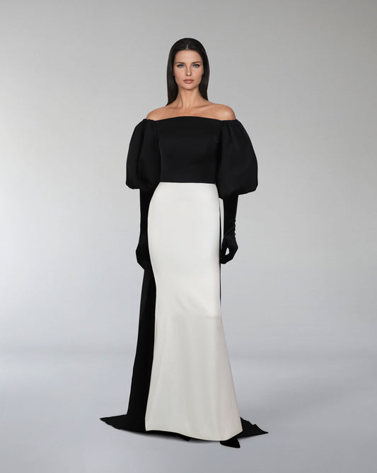 ODD-Shoulders off bicolour dress with puffed sleeves and gloves