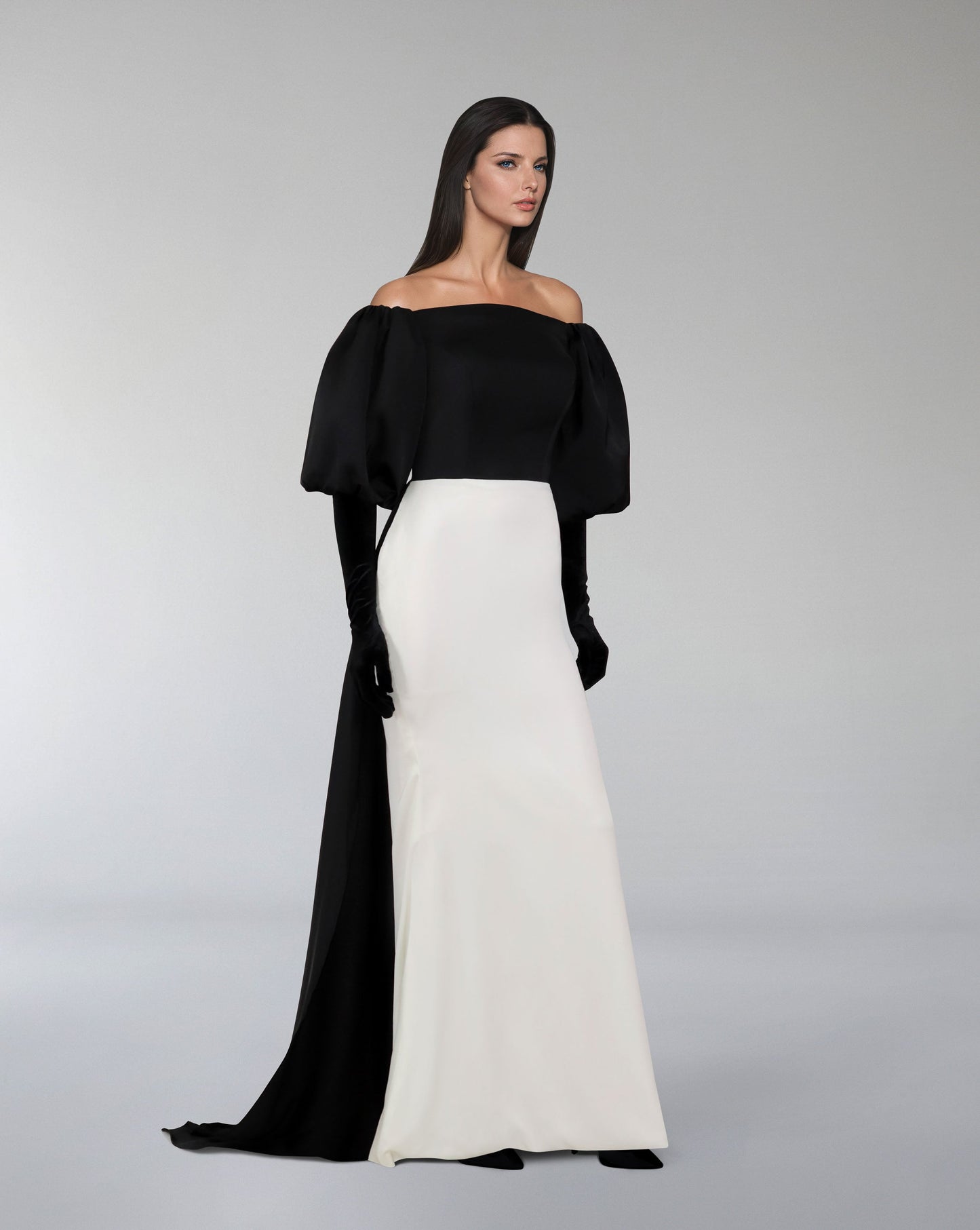 ODD-Shoulders off bicolour dress with puffed sleeves and gloves