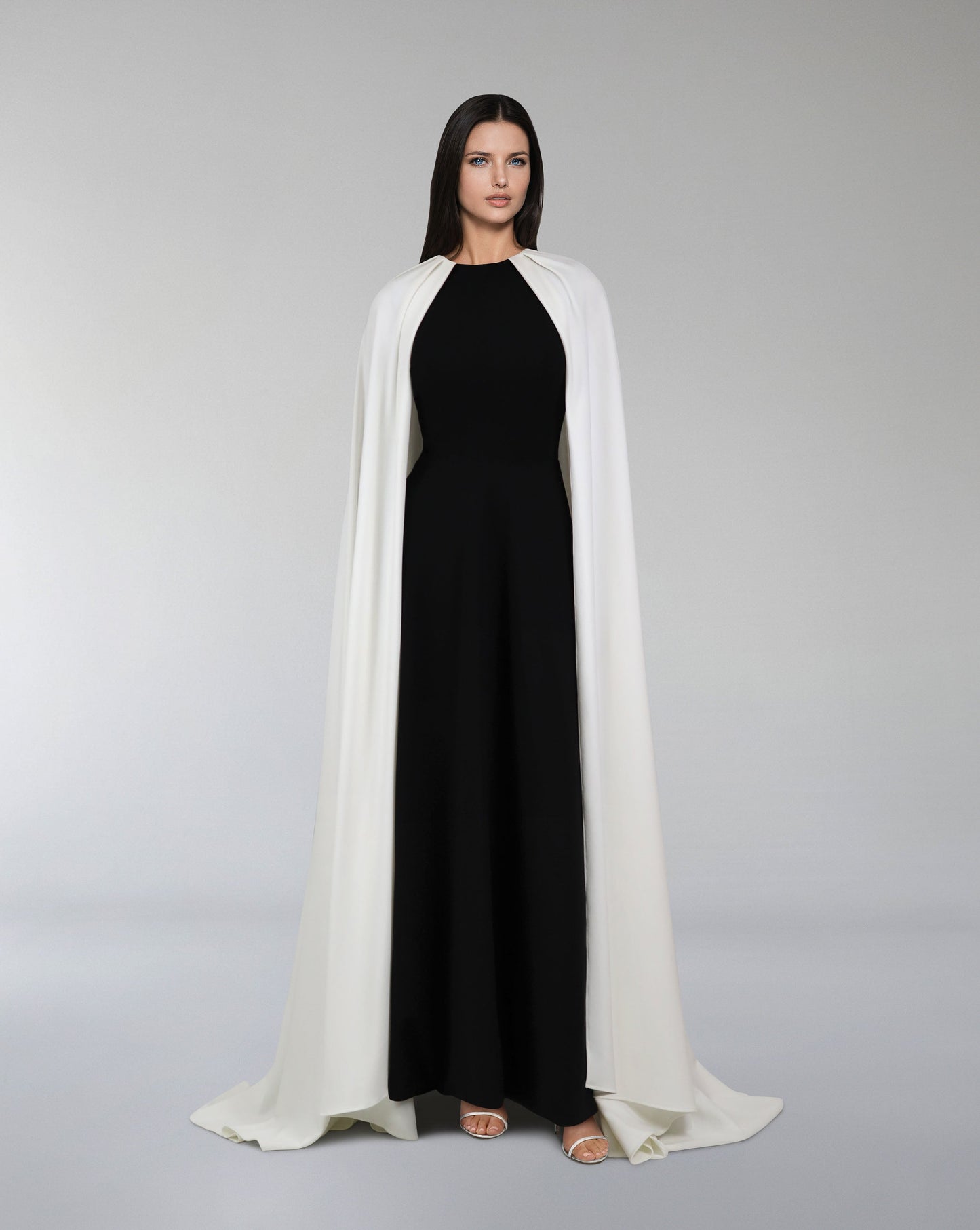 Black & white column dress with maxi cape - ODD-NOELLE