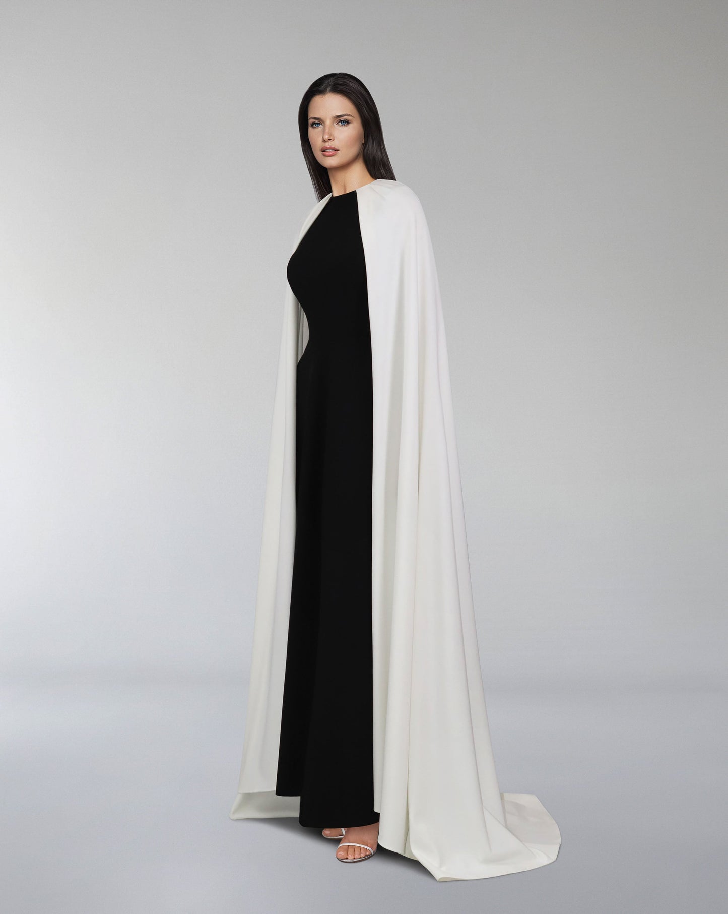 Black & white column dress with maxi cape - ODD-NOELLE