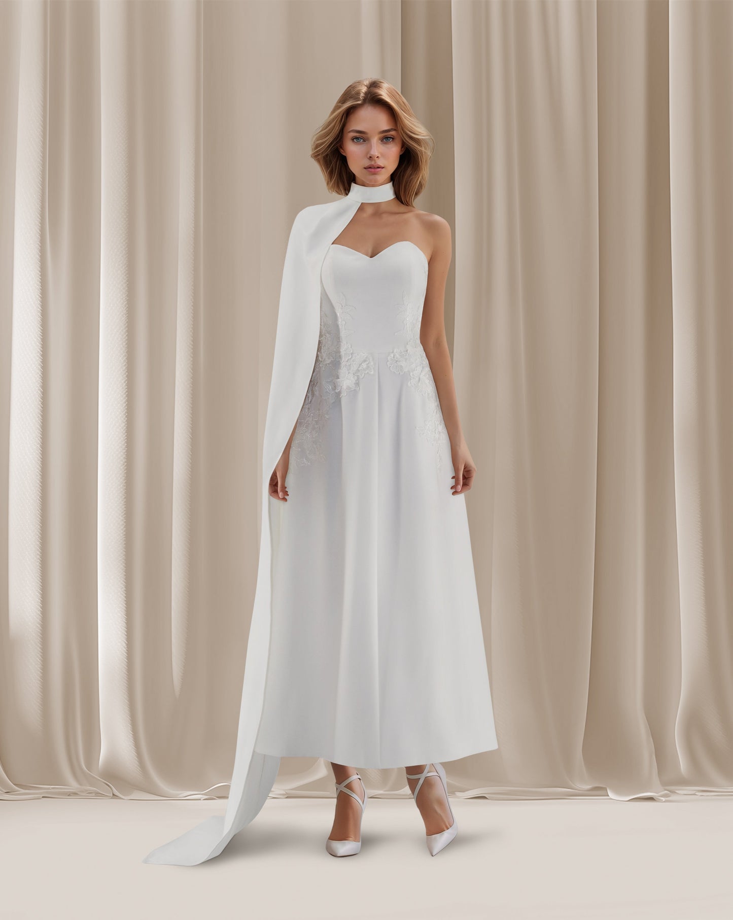 ODD-Strapless a line dress with one shoulder cape - Norjen