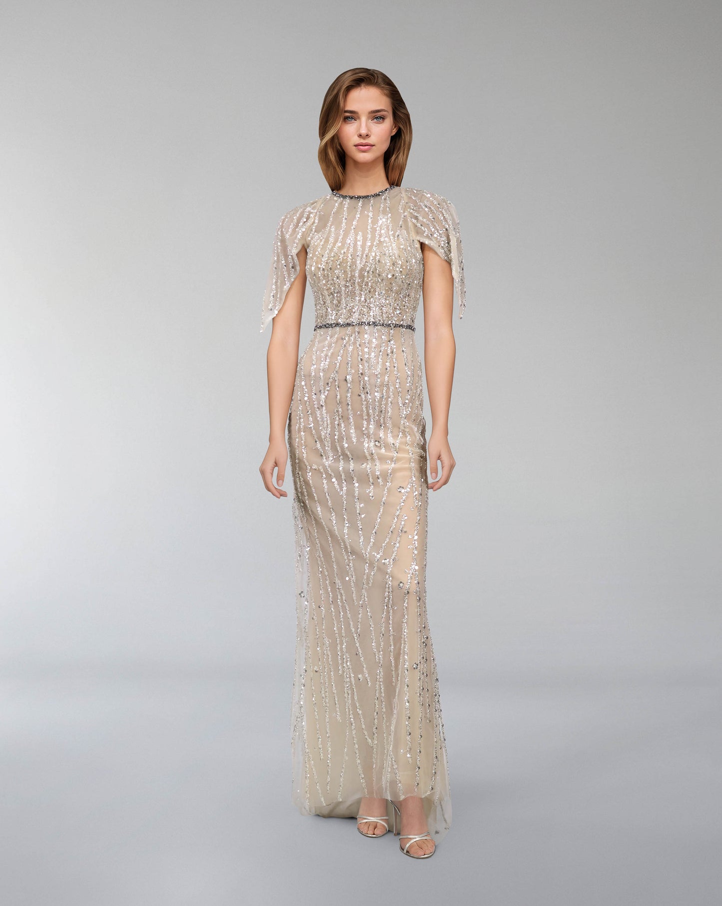 Sequined column dress with ruffled sleeves -ODD-ARIA