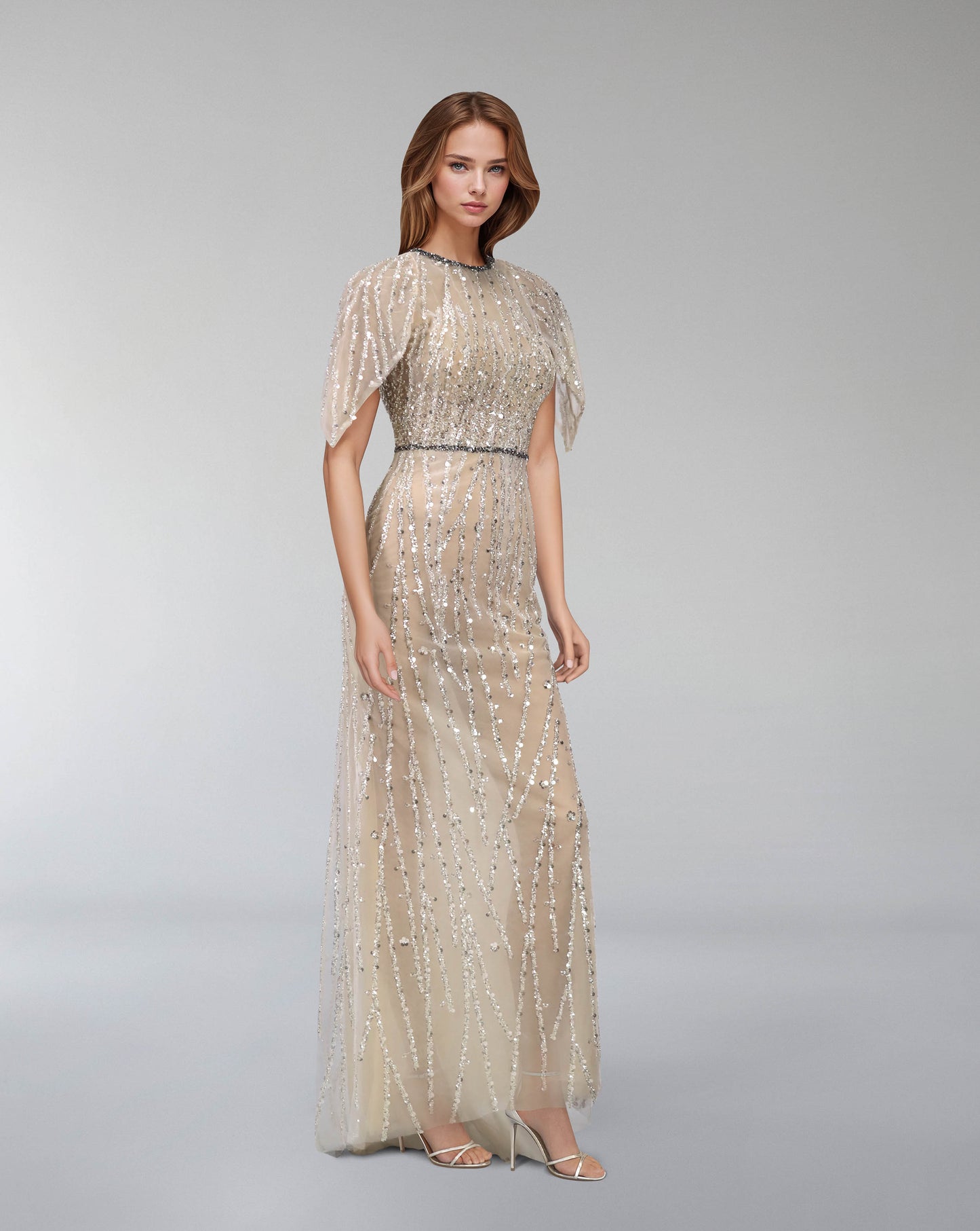 Sequined column dress with ruffled sleeves -ODD-ARIA