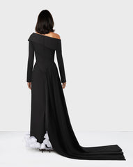 Long sleeved dress with asymmetrical shoulder and 3D flowers - ODD-Lonim
