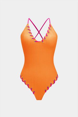 Contrast Whipstitching Tie Back Sleeveless Slip Bodysuit