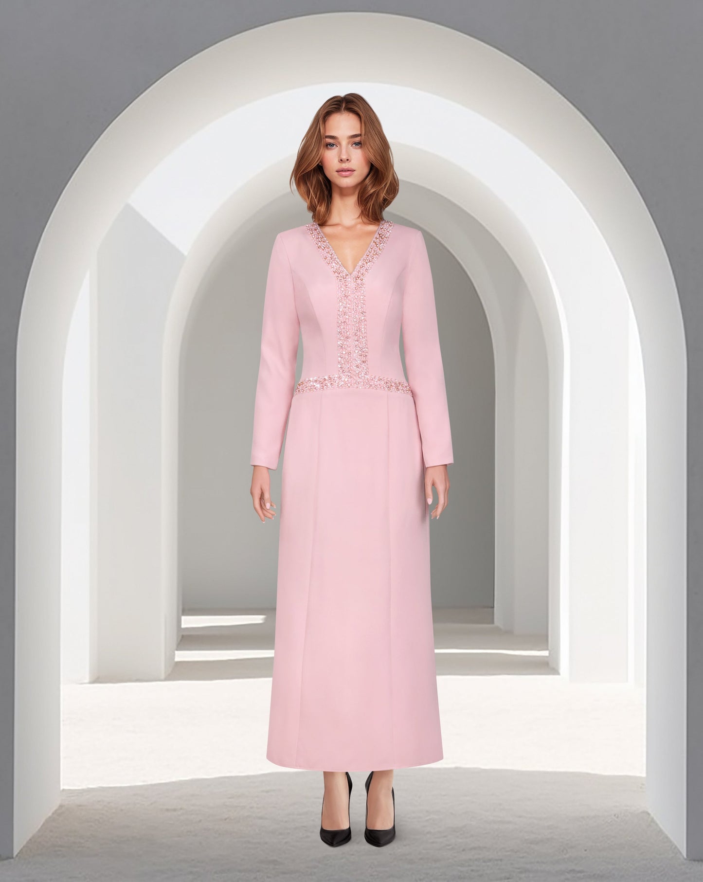 ODD-V Neckline long-sleeved pink dress with sequinned lines