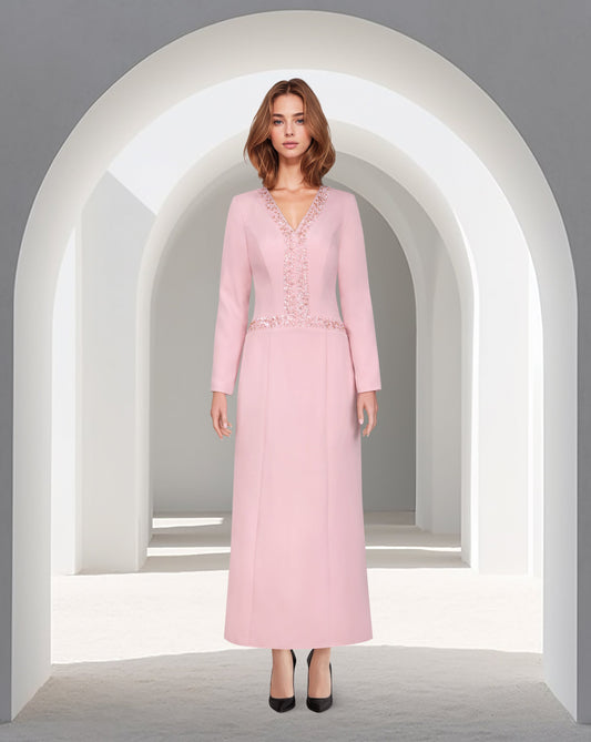 ODD-V Neckline long-sleeved pink dress with sequinned lines