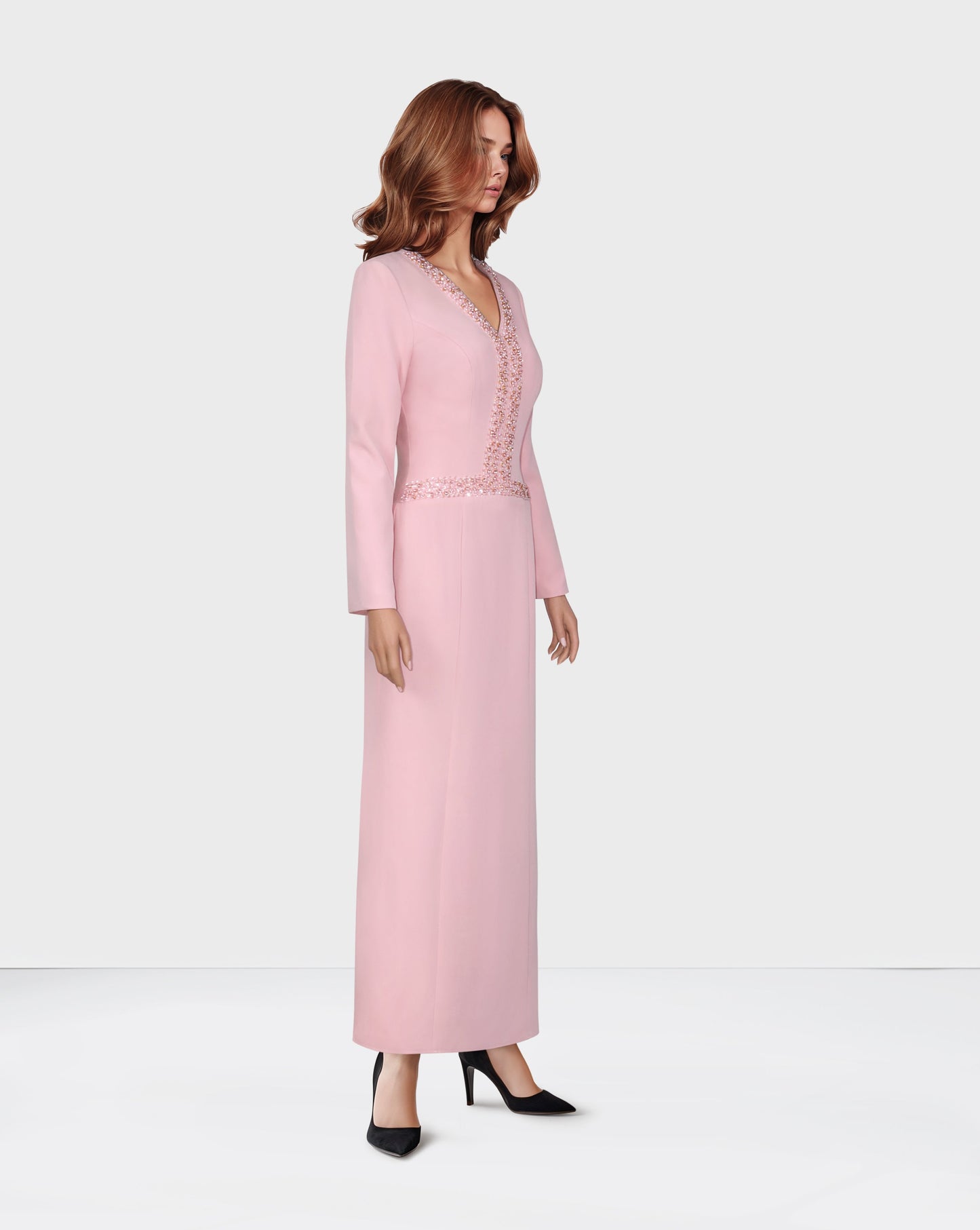 ODD-V Neckline long-sleeved pink dress with sequinned lines