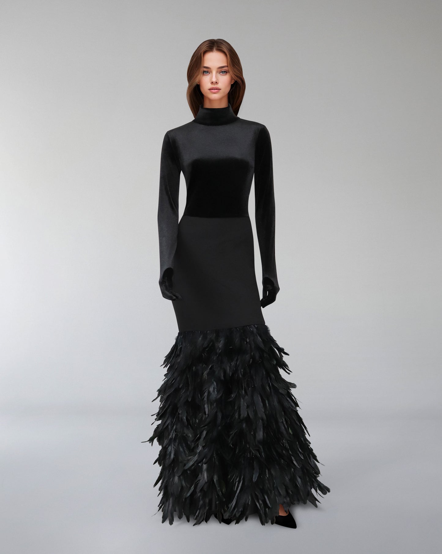 Long sleeve dress with velvet top and feathered fishtail train -ODD- NYLA