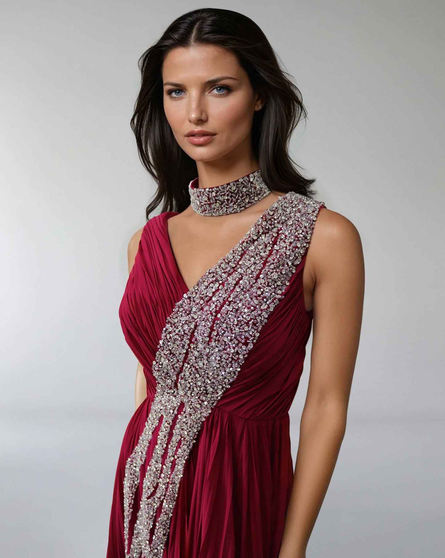 Sleeveless draped dress with bead cascade - ODD-VALENZIA