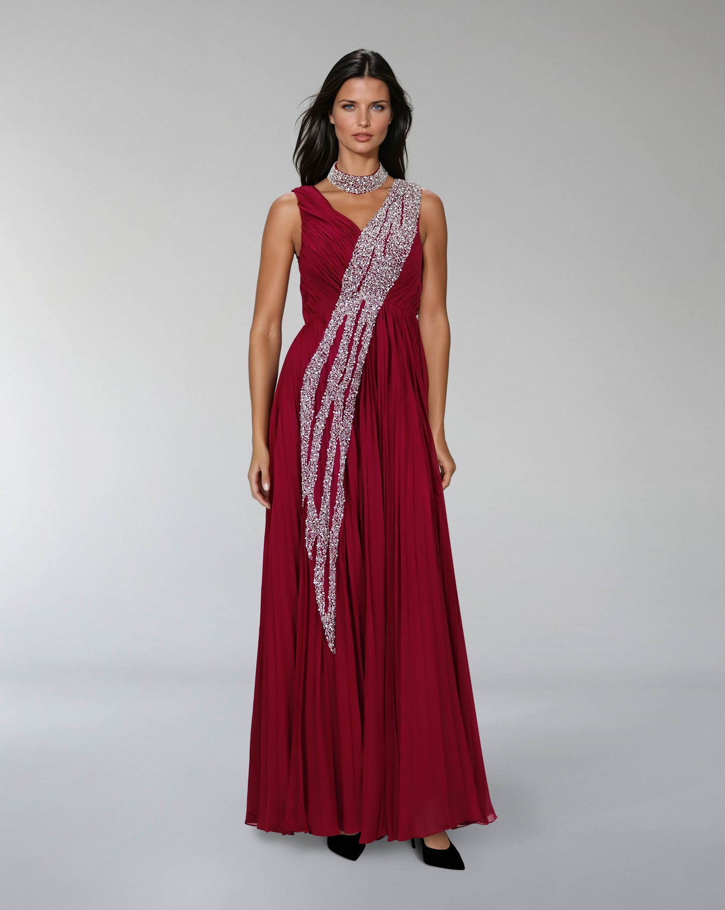 Sleeveless draped dress with bead cascade - ODD-VALENZIA