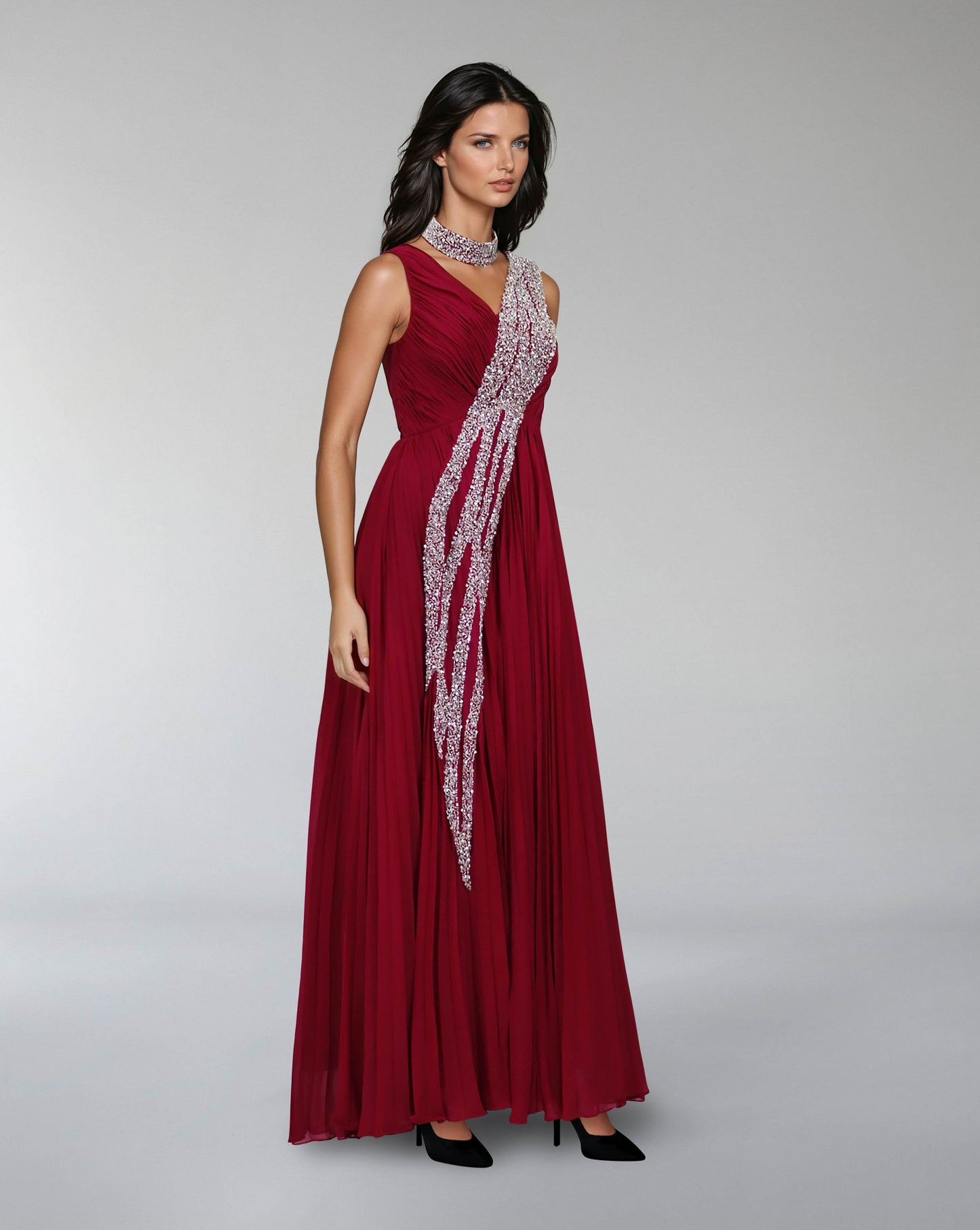 Sleeveless draped dress with bead cascade - ODD-VALENZIA