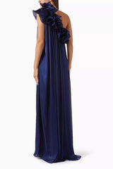 One-shoulder pleated gown with oversized floral detail – ODD- NAVIL